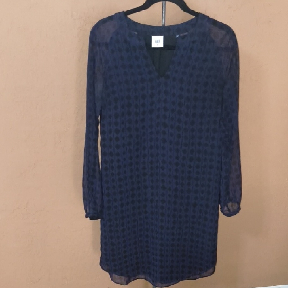 CAbi Navy Harlequin Sheer Long Sleeve Shirt Dress Black Diamonds XS